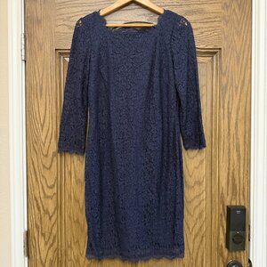Adrianna Papell Lace Dress Fully Lined ¾ Sleeve Scallop Hem Dark Blue Size 12